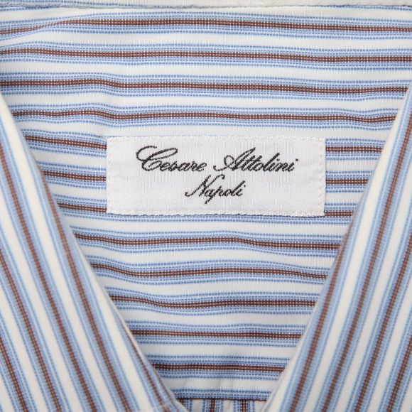 Cesare Attolini Shirt Mens 16 34 Blue Brown Stripe Button Front Dress Shirt - Picture 4 of 12